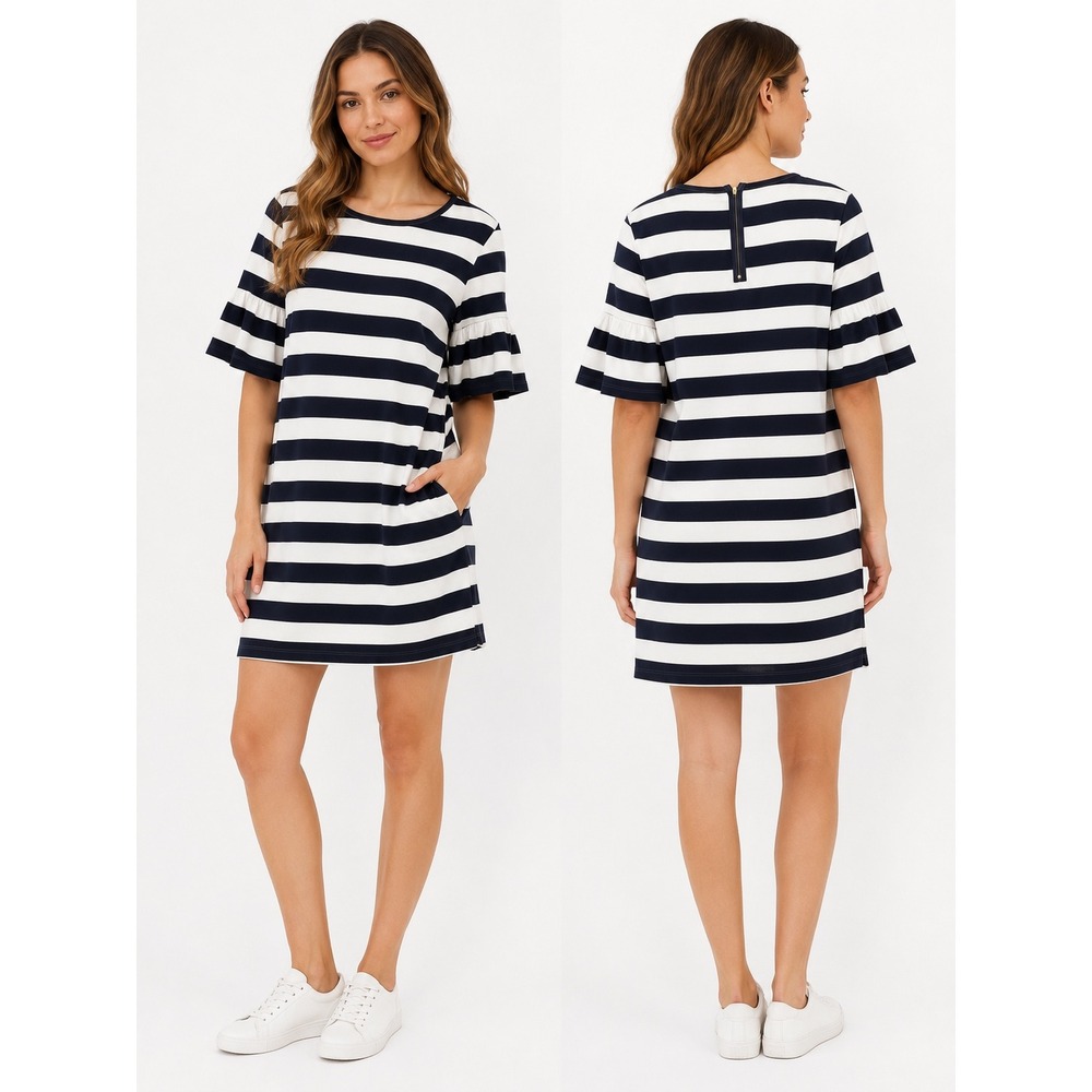 Lauren Ralph Lauren Shift Dress Womens Medium Blue White Striped Ruffle Nautical